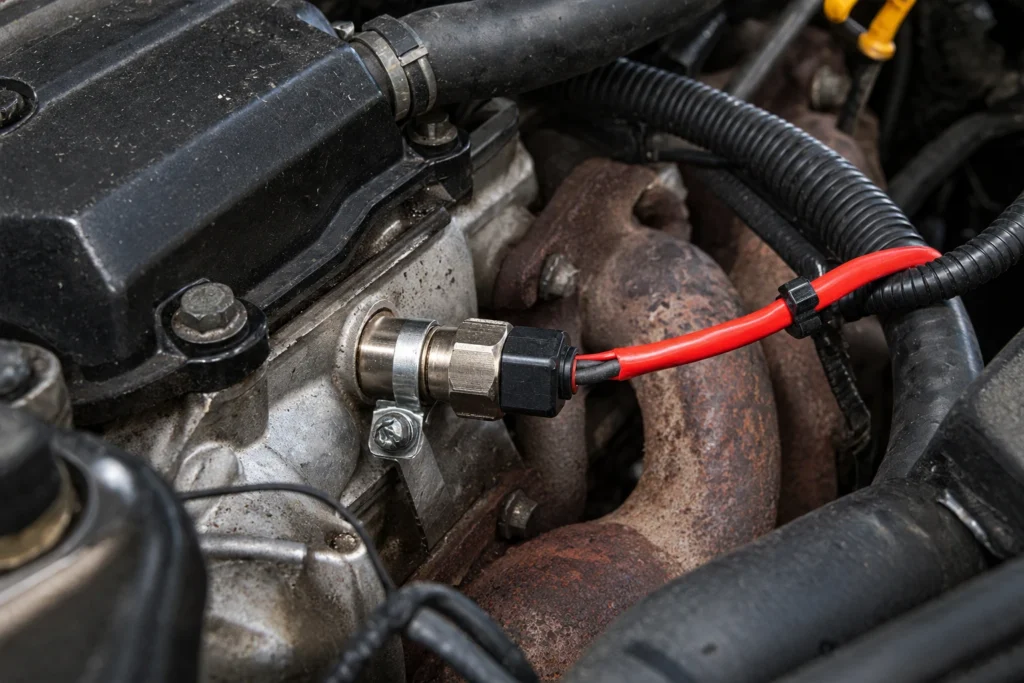 Sonda de temperatura rosqueada no cabeçote do motor com cabo de silicone vermelho preso ao chicote