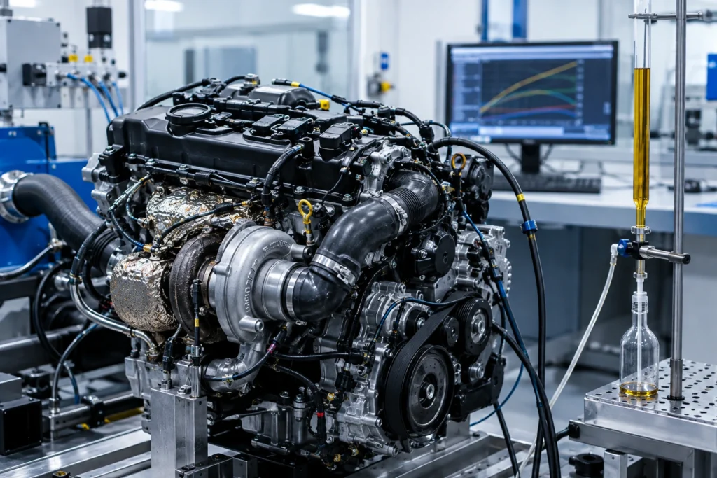Motor turbo moderno em bancada de ensaio de laboratório, com sensores conectados e óleo de baixa viscosidade em uma bureta