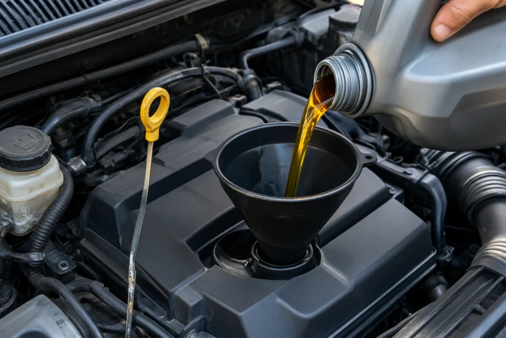 Óleo novo sendo vertido com funil na boca de abastecimento do motor de um carro de passeio